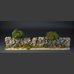Mountain and rock wall with dry bushes and grass
