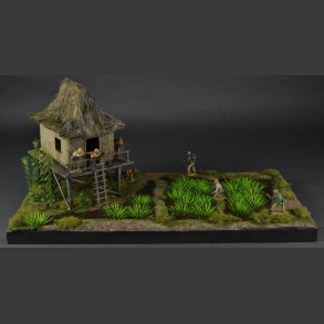 Jungle hut surrounded by rice fields - diorama