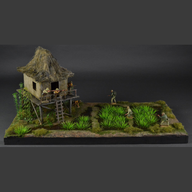 Jungle hut surrounded by rice fields - diorama