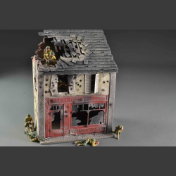 French "Boucherie" butcher shop - in shot and bombed condition