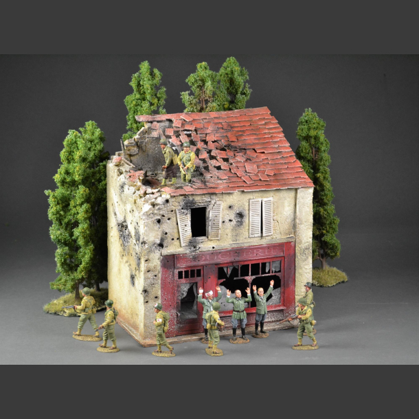 French "Boucherie" butcher shop - in shot and bombed condition