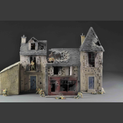 French "Boucherie" butcher shop - in shot and bombed condition