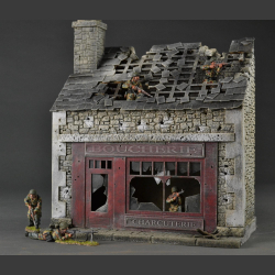 French "Boucherie" butcher shop, bombed and shot to pieces