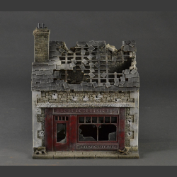 French "Boucherie" butcher shop, bombed and shot to pieces