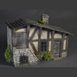 Timber-framed house with stone staircase