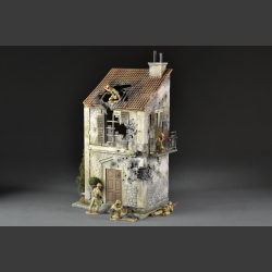 Italian bombed house with balcony and plant pots