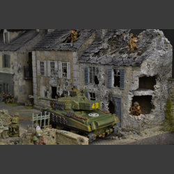 French city and fountain in ruins - diorama
