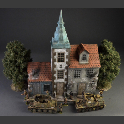 European city with spires and cobblestone street - Diorama