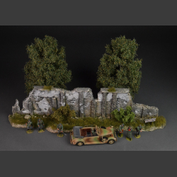 Normandy - stone wall with green bushes and grass